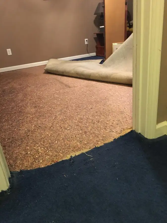 Carpet pad removal revealing water damage during Water Mitigation Services in McDonough